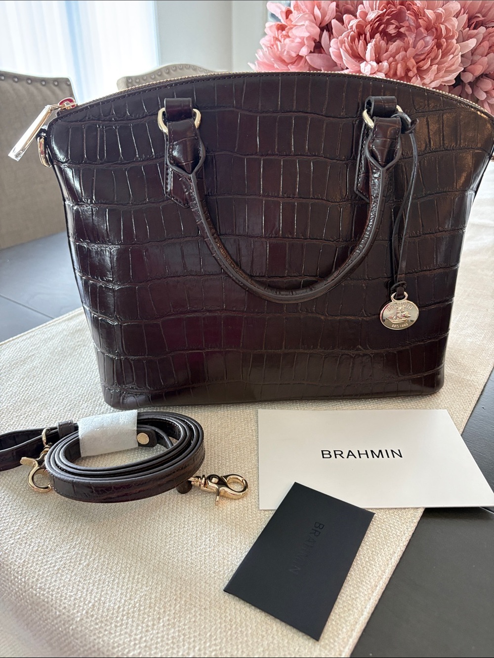 Brahmin Duxbury Croc-Embossed Shoulder Satchel in Dark Brown